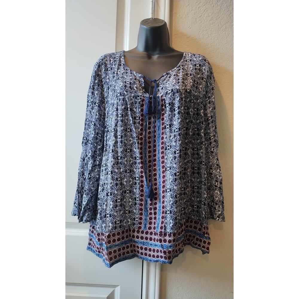 Cato Tunic Top Geometric Print 3/4 Sleeve Blue Tie at Neck Size XL